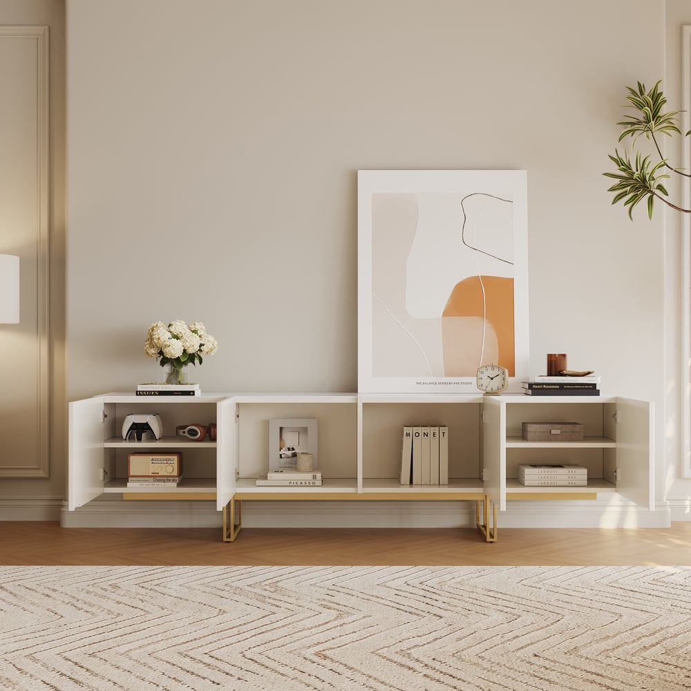 Meuble TV Grovyn Minimalist, 2000 mm, blanc cassé, console multimédia Stone Top, 4 portes et 6 étagères image de fenêtre