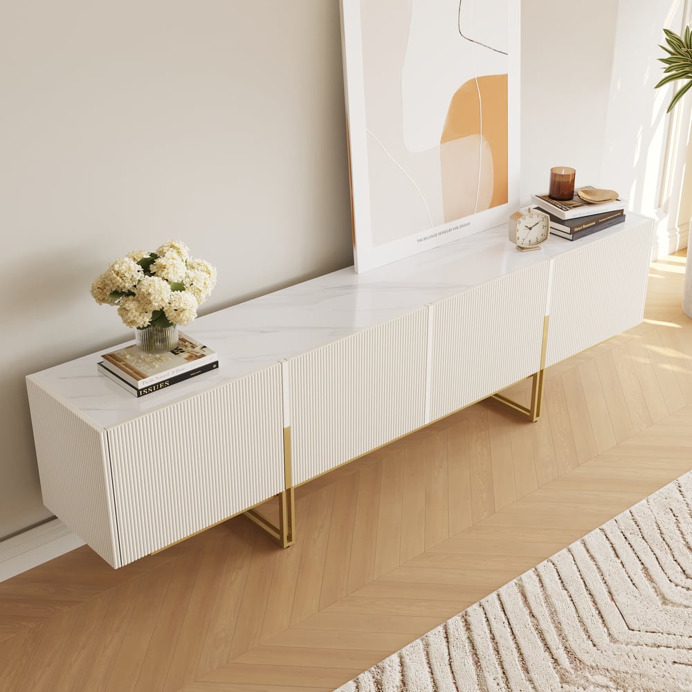 Meuble TV Grovyn Minimalist, 2000 mm, blanc cassé, console multimédia Stone Top, 4 portes et 6 étagères image de fenêtre