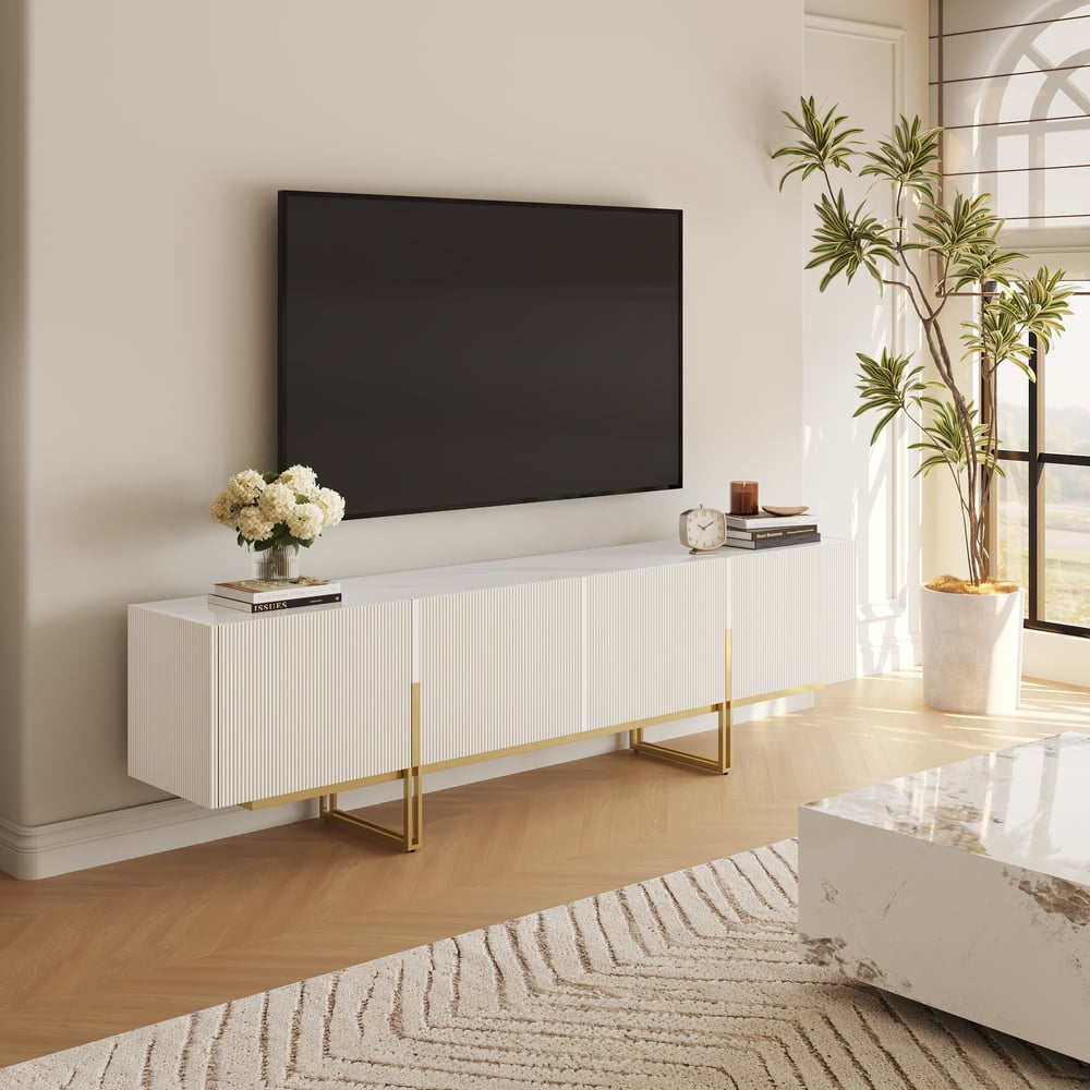 Meuble TV Grovyn Minimalist, 2000 mm, blanc cassé, console multimédia Stone Top, 4 portes et 6 étagères image de fenêtre