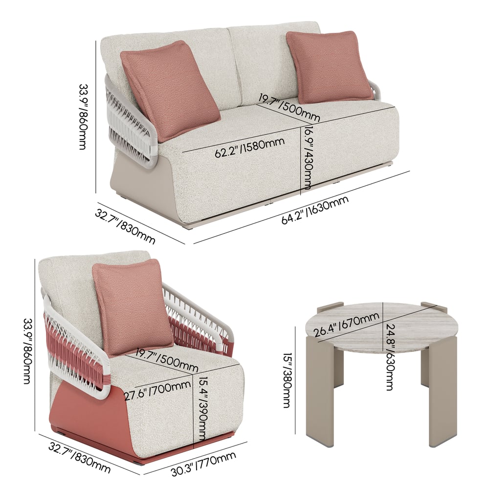 Ensemble de salon de jardin 4 places en aluminium et corde Poids, dimensions, image