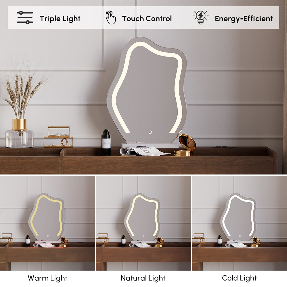 Ensemble de maquillage moderne avec miroir éclairé, station de recharge et rangement pour bijoux image de fenêtre