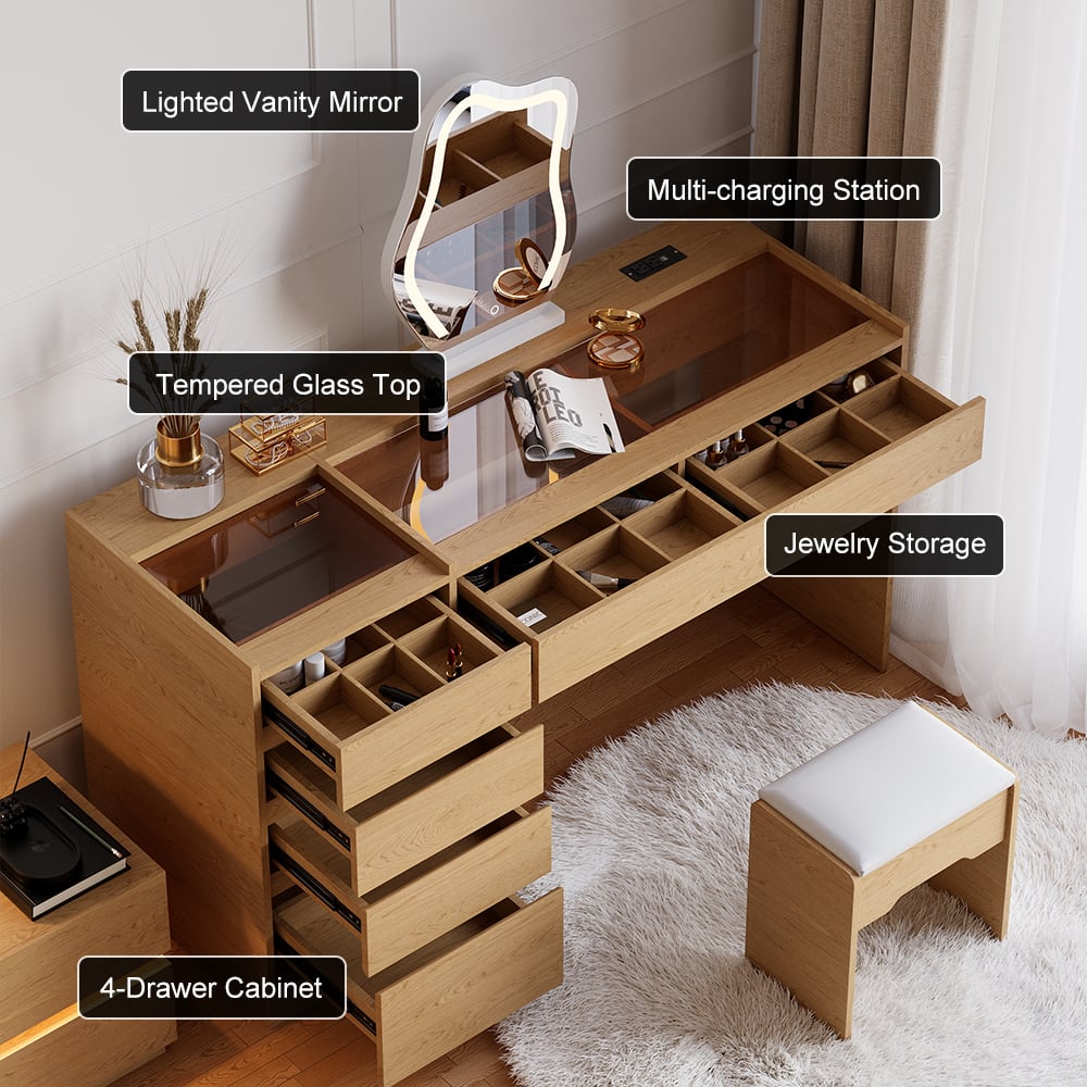 Modern Makeup Vanity Set with Lighted Mirror, Charging Station and Jewelry Storage window image