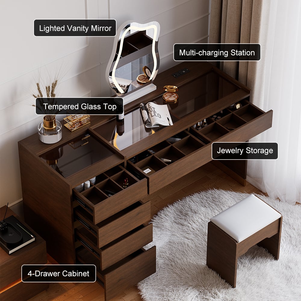 Ensemble de maquillage moderne avec miroir éclairé, station de recharge et rangement pour bijoux image de fenêtre