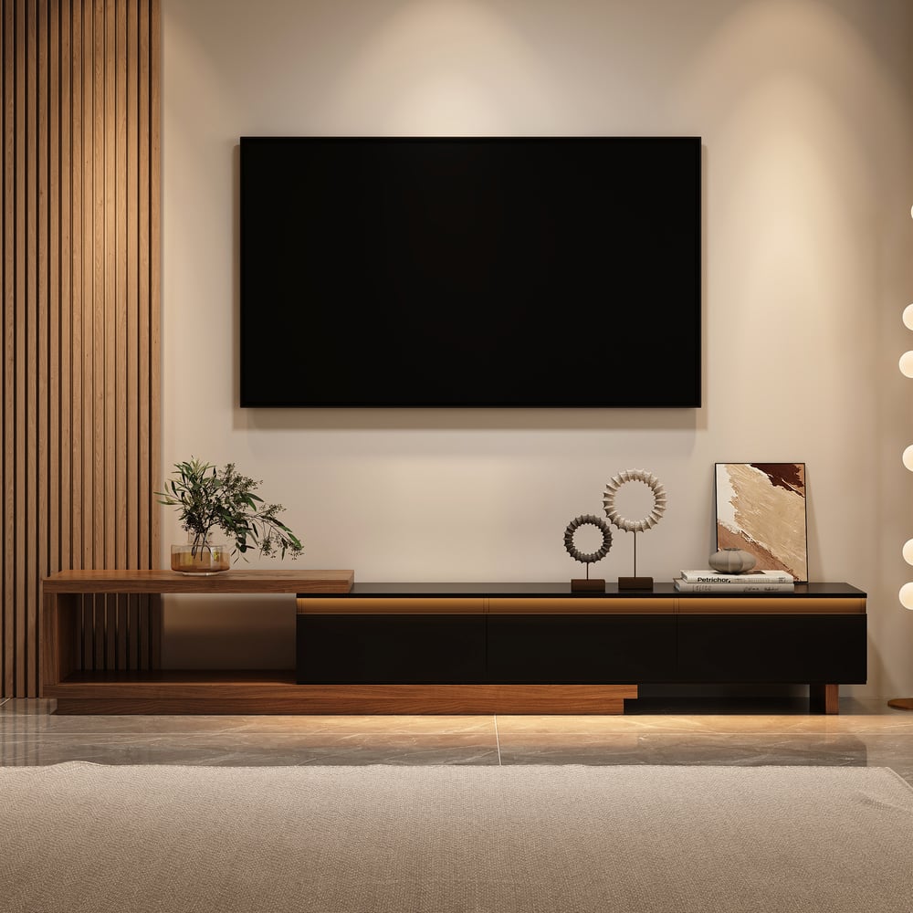 Quoint Extendable TV Stand with 3 Drawers(71"-100") and Light window image