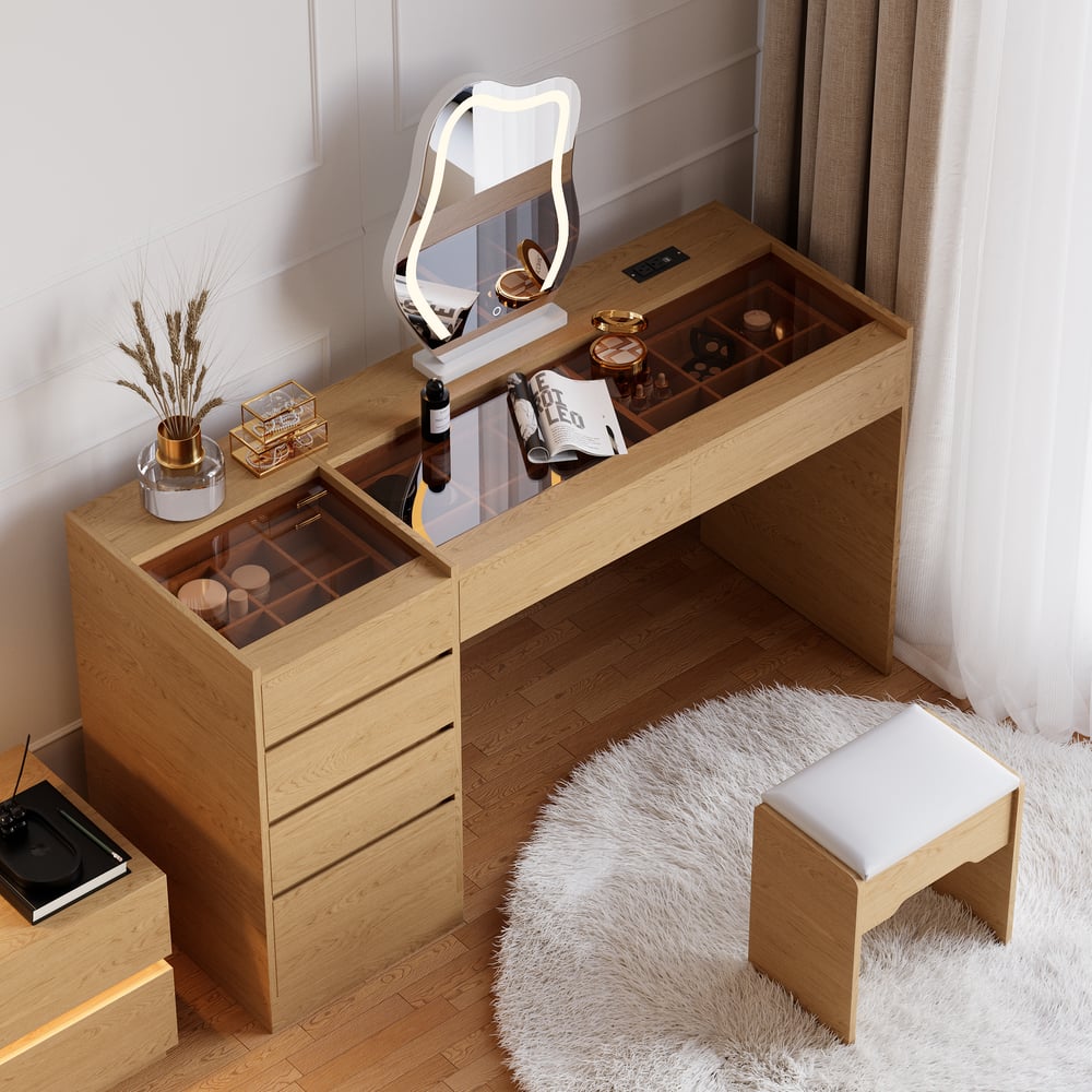 Modern Makeup Vanity Set with Lighted Mirror, Charging Station and Jewelry Storage window image