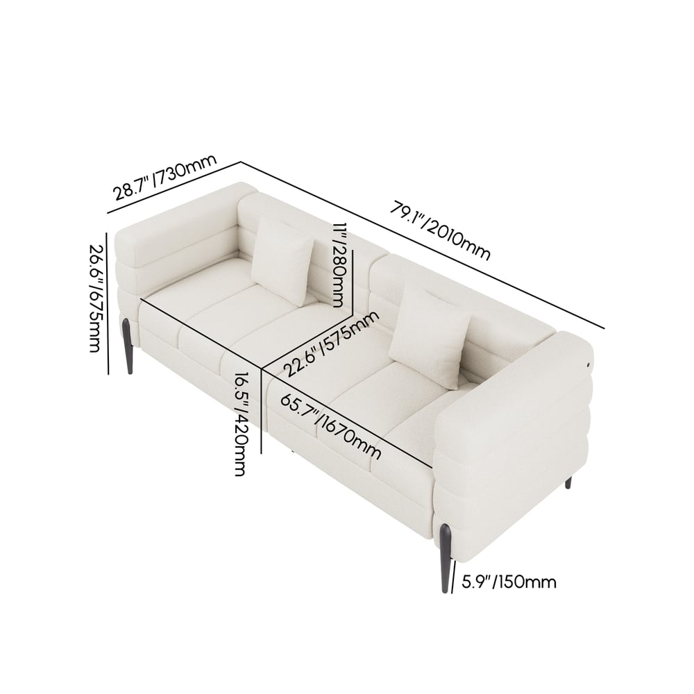 Aurora 2000mm Boucle Fluted Sofa with Black Legs & Pillows weights dimensions image