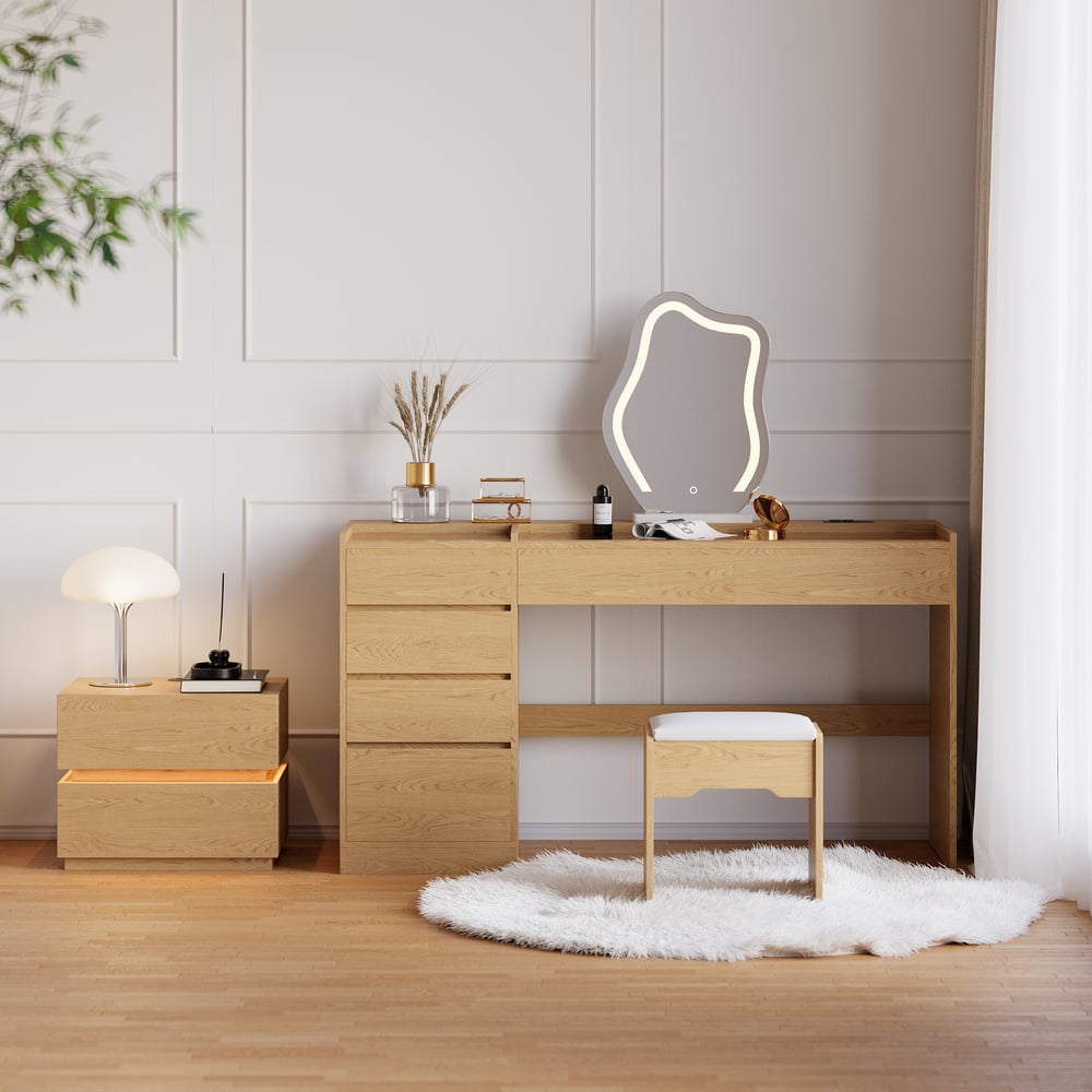 Modern Makeup Vanity Set with Lighted Mirror, Charging Station and Jewelry Storage window image