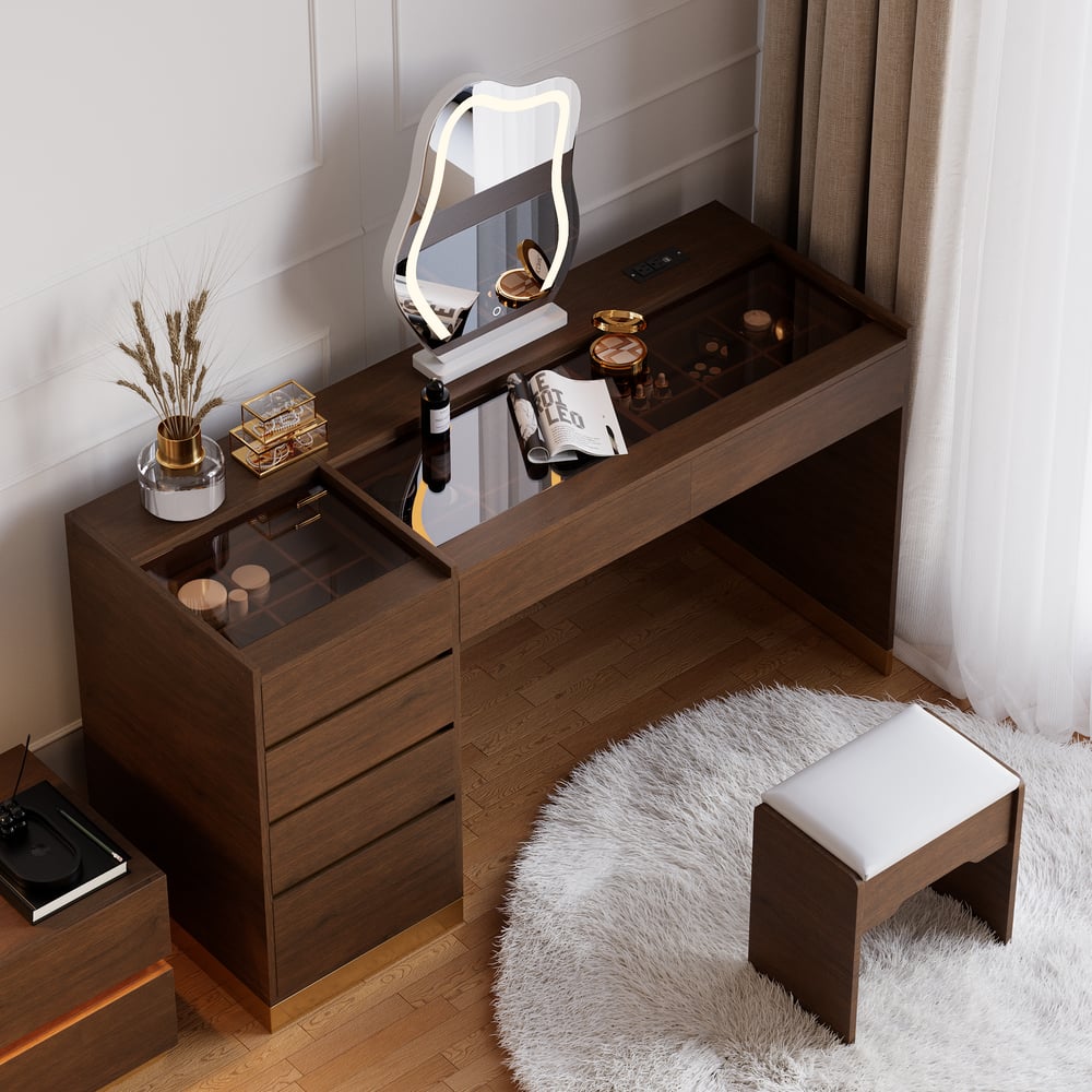 Ensemble de maquillage moderne avec miroir éclairé, station de recharge et rangement pour bijoux image de fenêtre