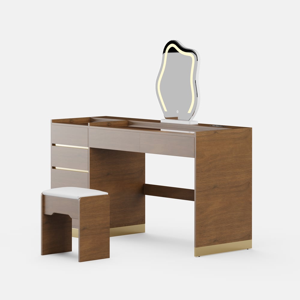 Ensemble de maquillage moderne avec miroir éclairé, station de recharge et rangement pour bijoux image de fenêtre