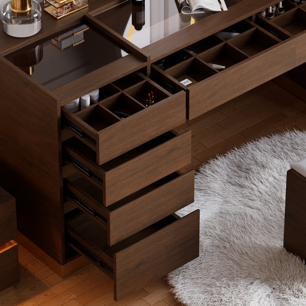 Ensemble de maquillage moderne avec miroir éclairé, station de recharge et rangement pour bijoux image de fenêtre