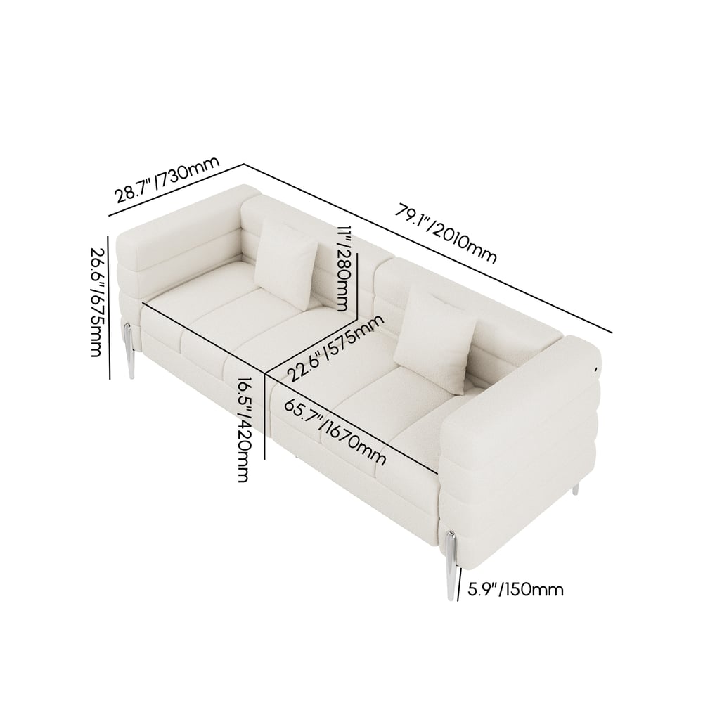 Aurora 2000mm Boucle Fluted Sofa with Silver Legs & Pillows weights dimensions image
