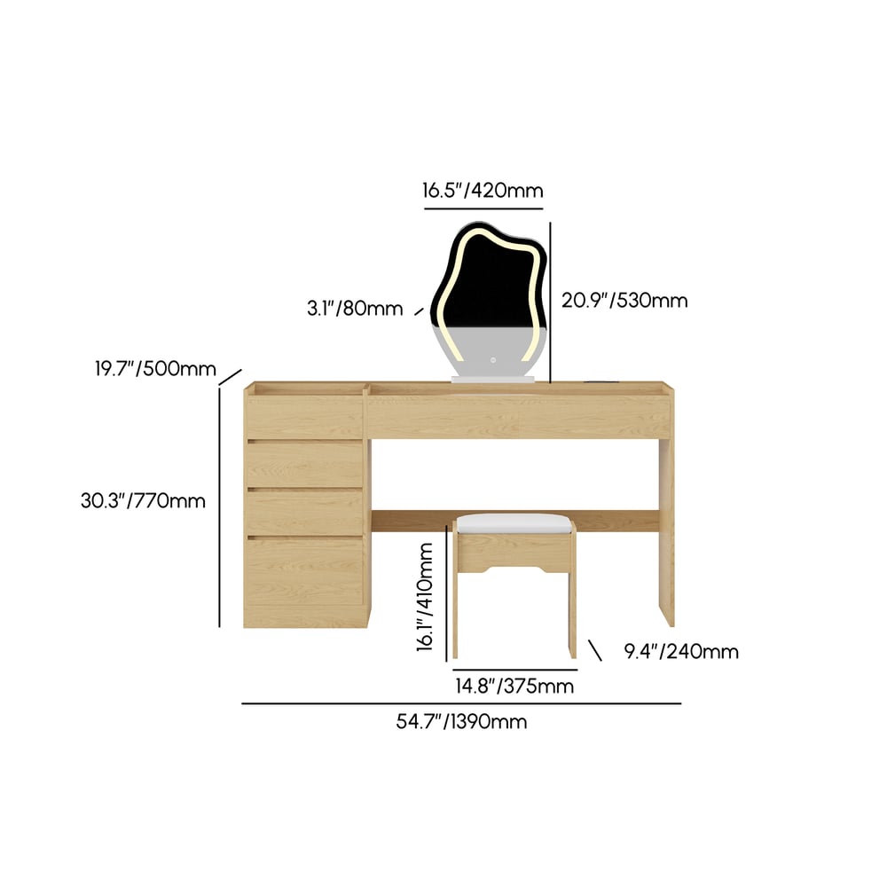 Modern Makeup Vanity Set with Lighted Mirror, Charging Station and Jewelry Storage weights dimensions image