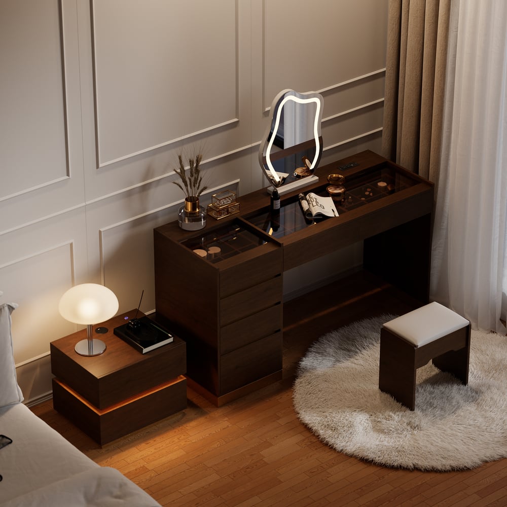 Ensemble de maquillage moderne avec miroir éclairé, station de recharge et rangement pour bijoux image de fenêtre