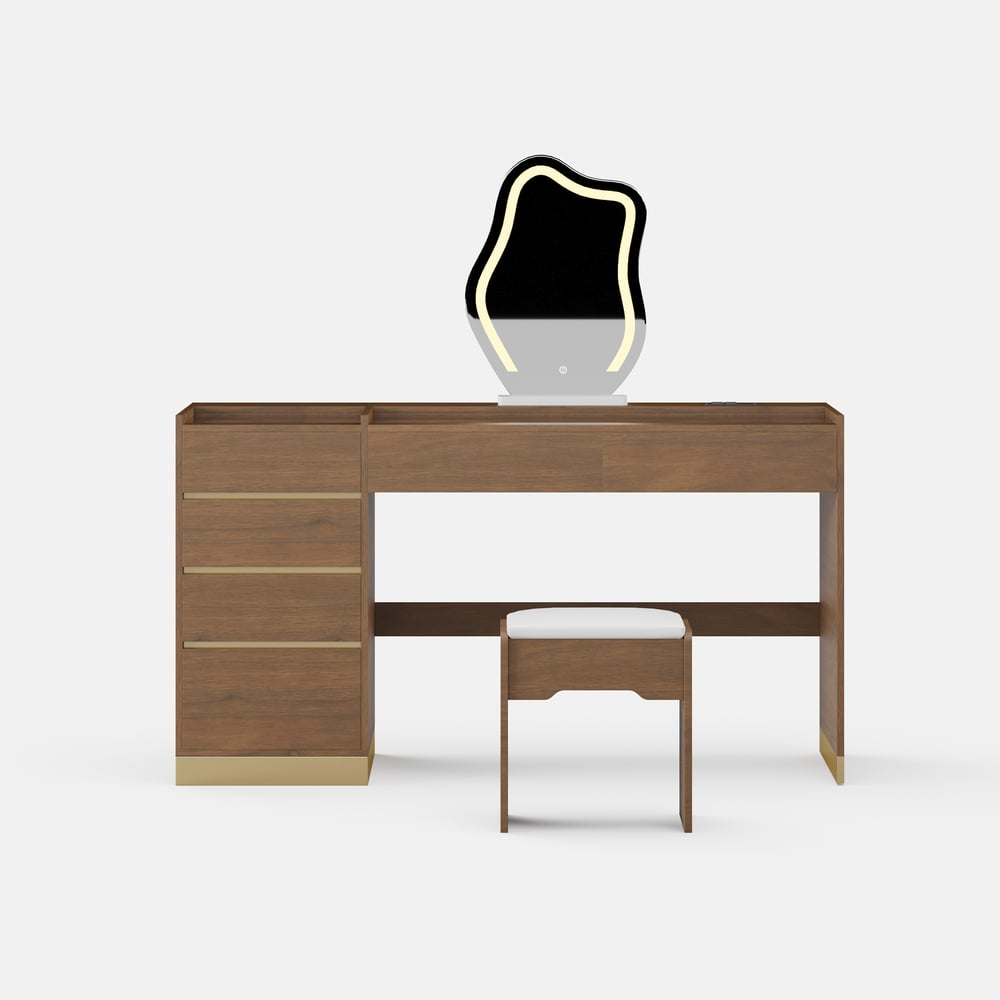 Ensemble de maquillage moderne avec miroir éclairé, station de recharge et rangement pour bijoux image de fenêtre