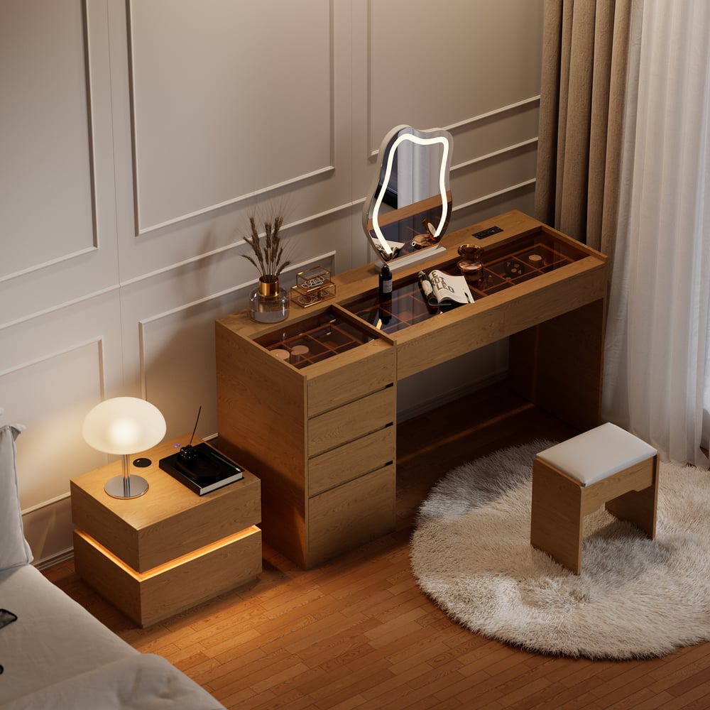 Modern Makeup Vanity Set with Lighted Mirror, Charging Station and Jewelry Storage window image