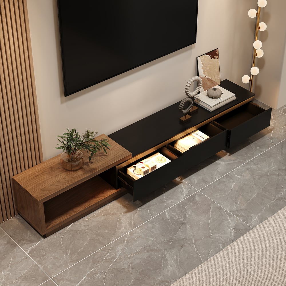 Quoint Extendable TV Stand with 3 Drawers(71"-100") and Light window image