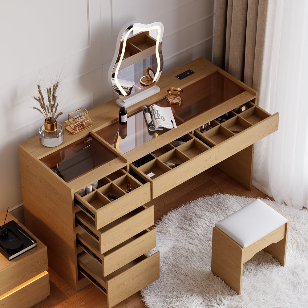 Modern Makeup Vanity Set with Lighted Mirror, Charging Station and Jewelry Storage window image