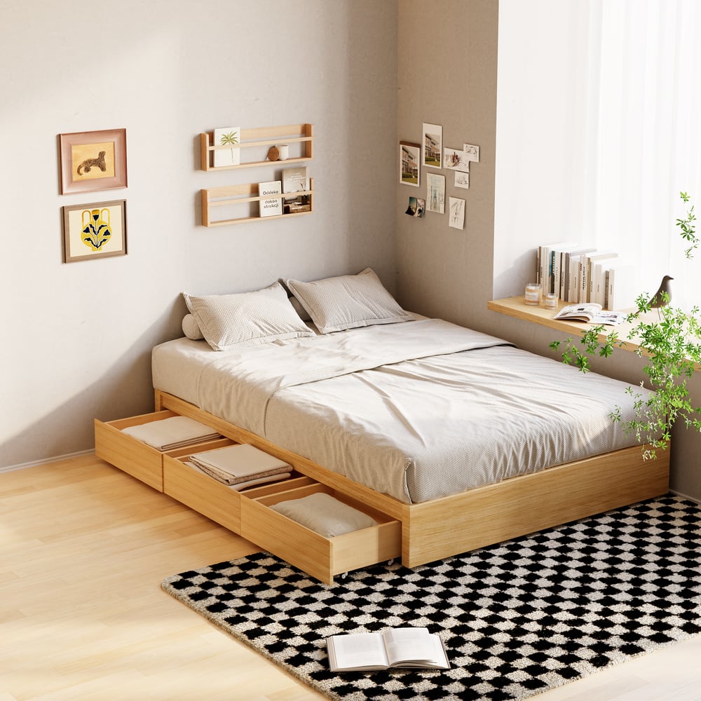 Japandi King Size Natural Bed Frame with Storage window image