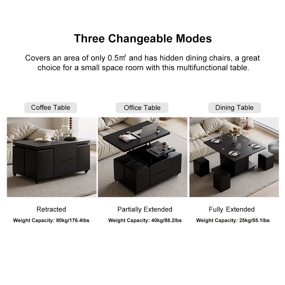 Modern multifunctional black coffee table with lift top, 4 stools and wheels window image