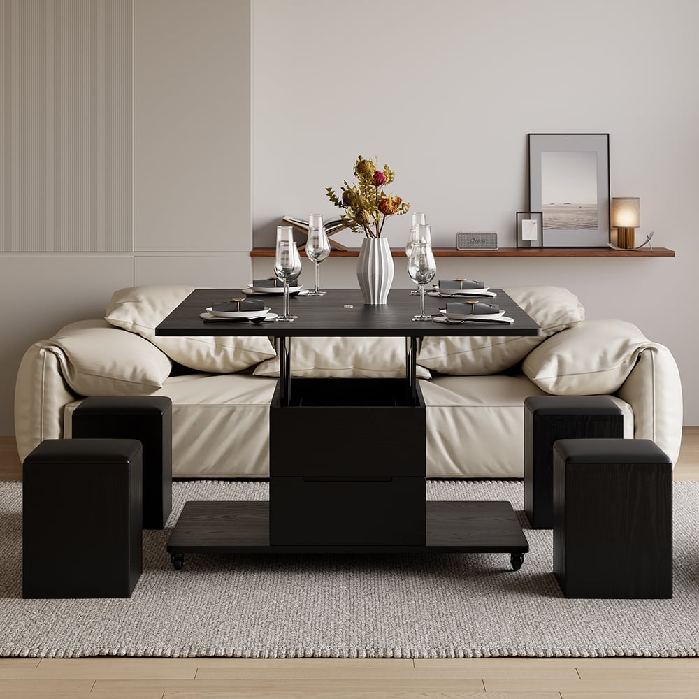 Modern multifunctional black coffee table with lift top, 4 stools and wheels window image