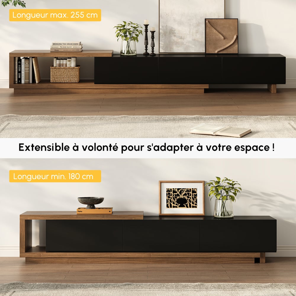 Meuble TV Noir et Noyer Moderne Console Rétractable et Extensible à 3 Tiroirs image de fenêtre