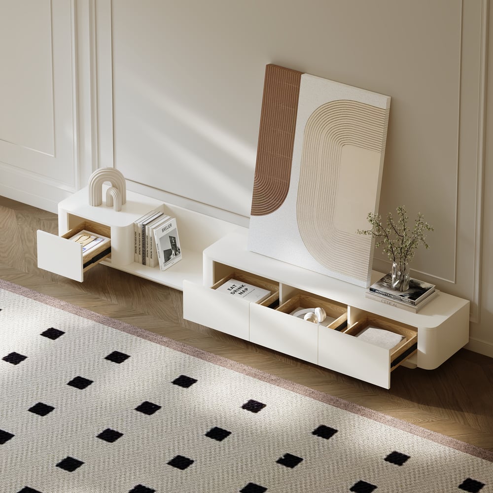 Meuble TV coulissant en bois avec 4 tiroirs en blanc crème, 274 cm image de fenêtre