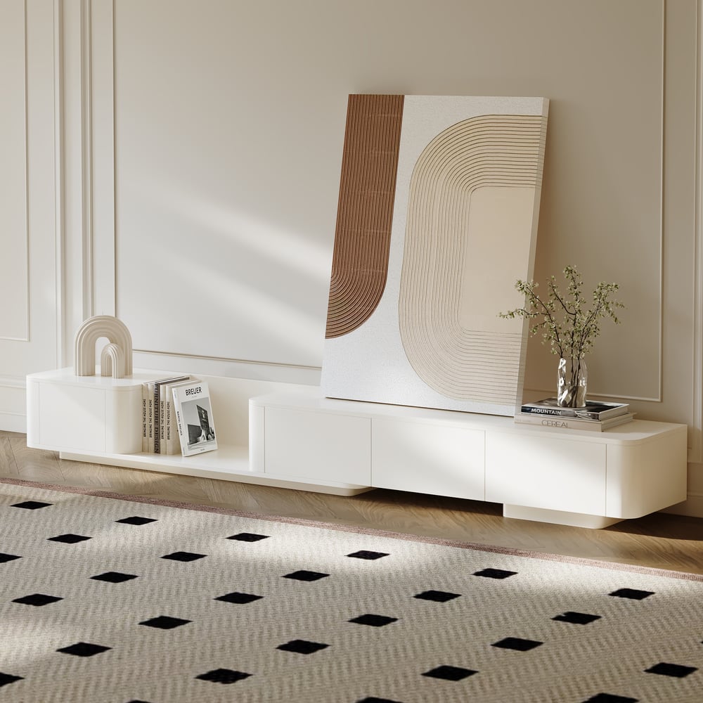 Meuble TV extensible avec 4 tiroirs de 200 cm à 274 cm en blanc cassé image de fenêtre