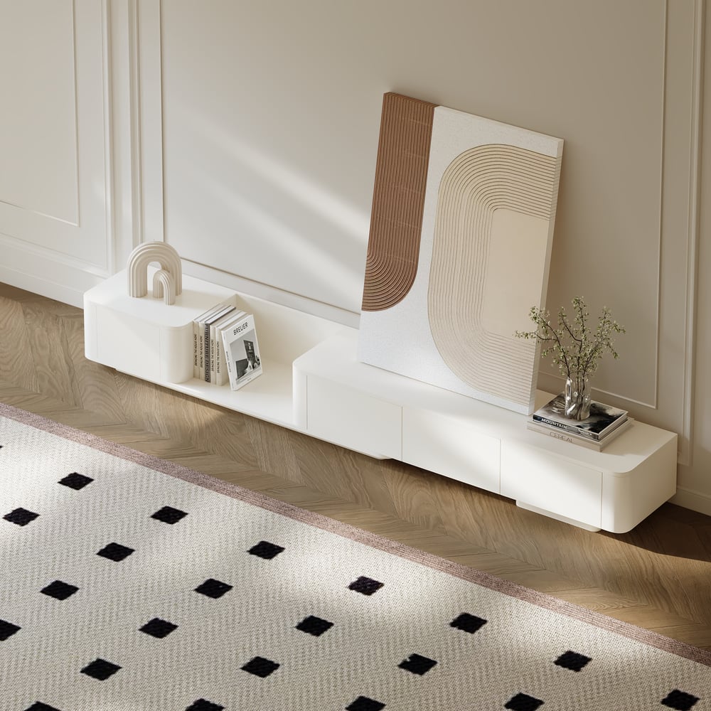 Meuble TV extensible avec 4 tiroirs de 200 cm à 274 cm en blanc cassé image de fenêtre