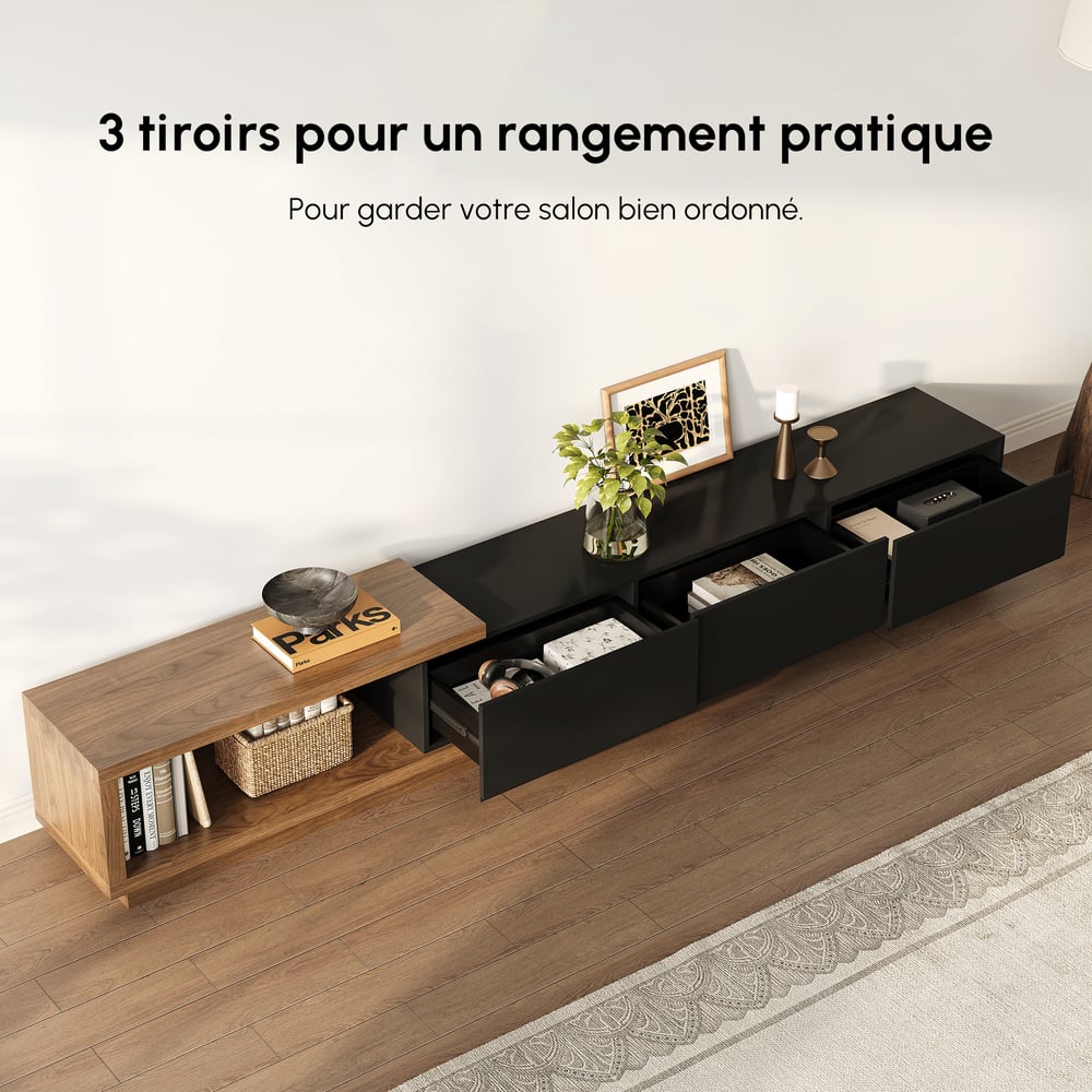 Meuble TV Noir et Noyer Moderne Console Rétractable et Extensible à 3 Tiroirs image de fenêtre