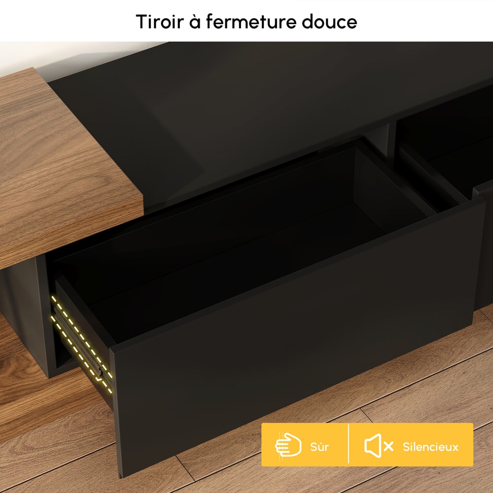 Meuble TV Noir et Noyer Moderne Console Rétractable et Extensible à 3 Tiroirs image de fenêtre