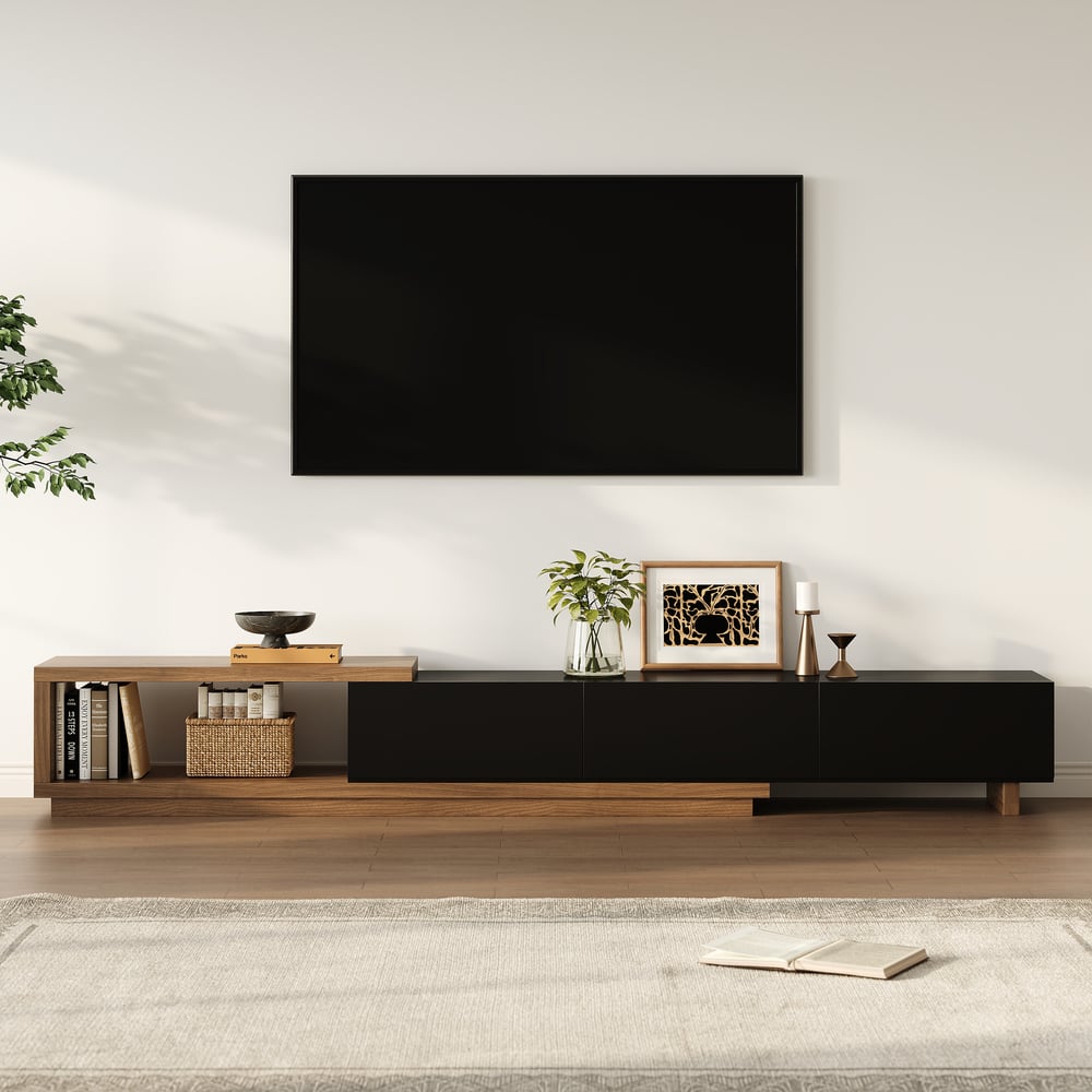 Questions et Réponses pour Meuble TV Noir et Noyer Moderne Console Rétractable et Extensible à 3 Tiroirs