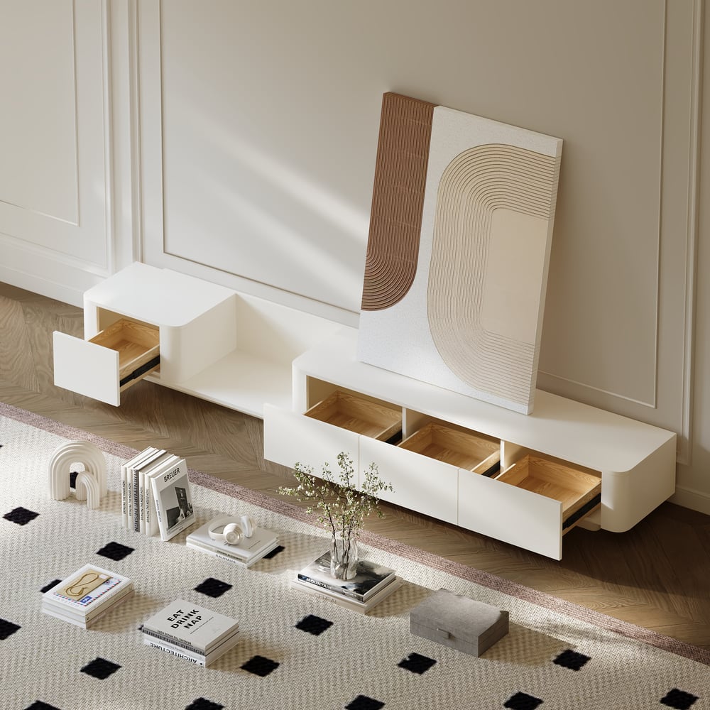 Meuble TV extensible avec 4 tiroirs de 200 cm à 274 cm en blanc cassé image de fenêtre