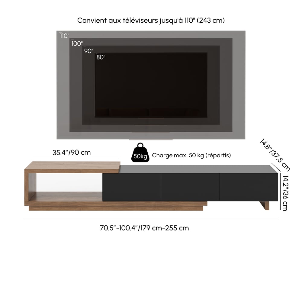 Meuble TV Noir et Noyer Moderne Console Rétractable et Extensible à 3 Tiroirs Poids, dimensions, image