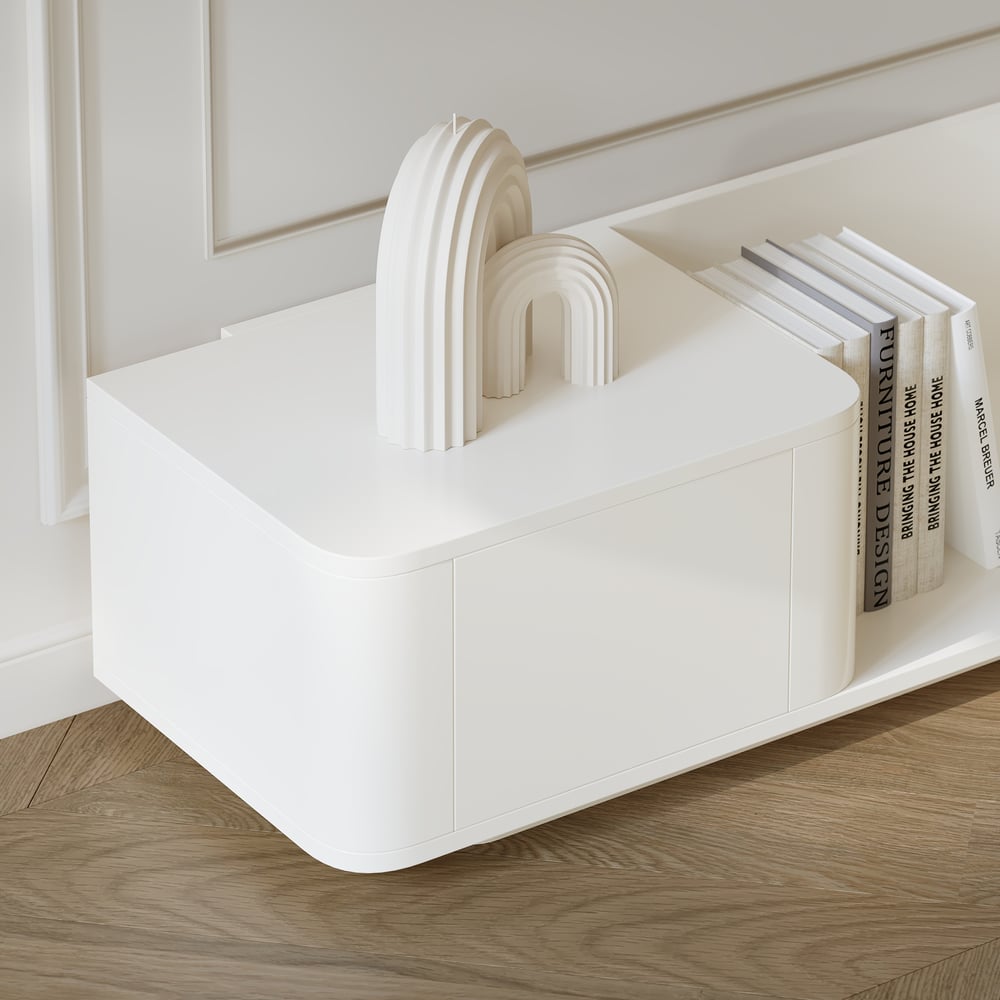 Meuble TV extensible avec 4 tiroirs de 200 cm à 274 cm en blanc cassé image de fenêtre