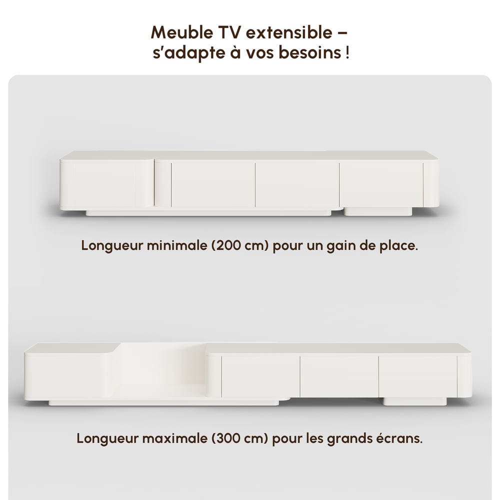 Meuble TV extensible avec 4 tiroirs de 200 cm à 274 cm en blanc cassé image de fenêtre