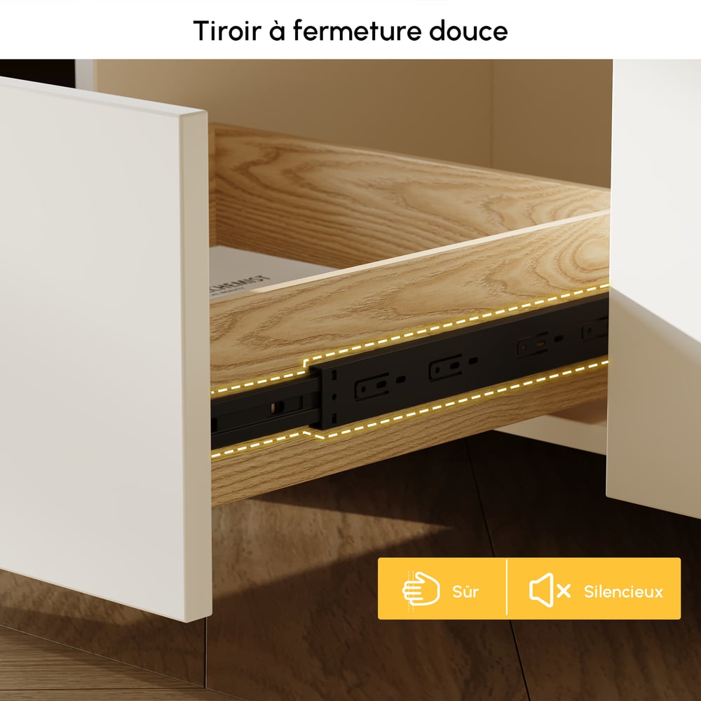 Meuble TV extensible avec 4 tiroirs de 200 cm à 274 cm en blanc cassé image de fenêtre