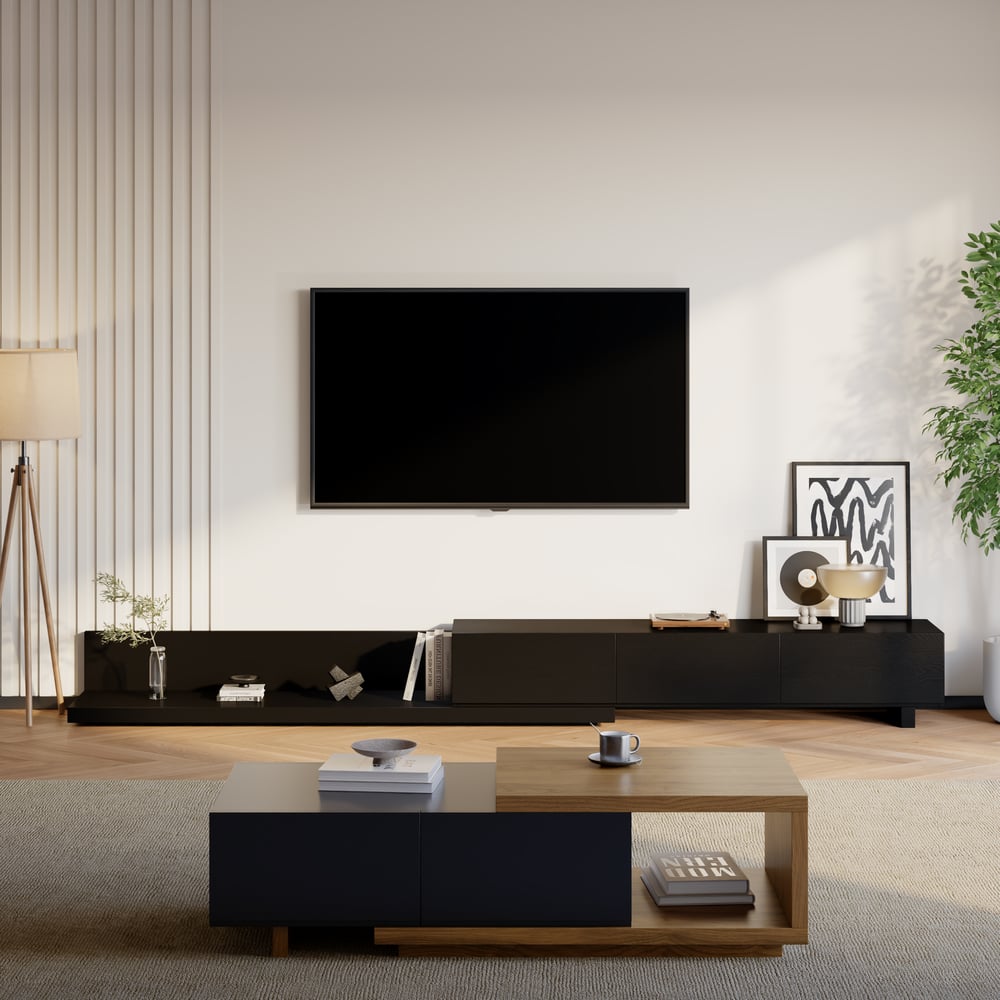 Questions and Answers for Extendable Floor Black TV Stand with 3 Drawers