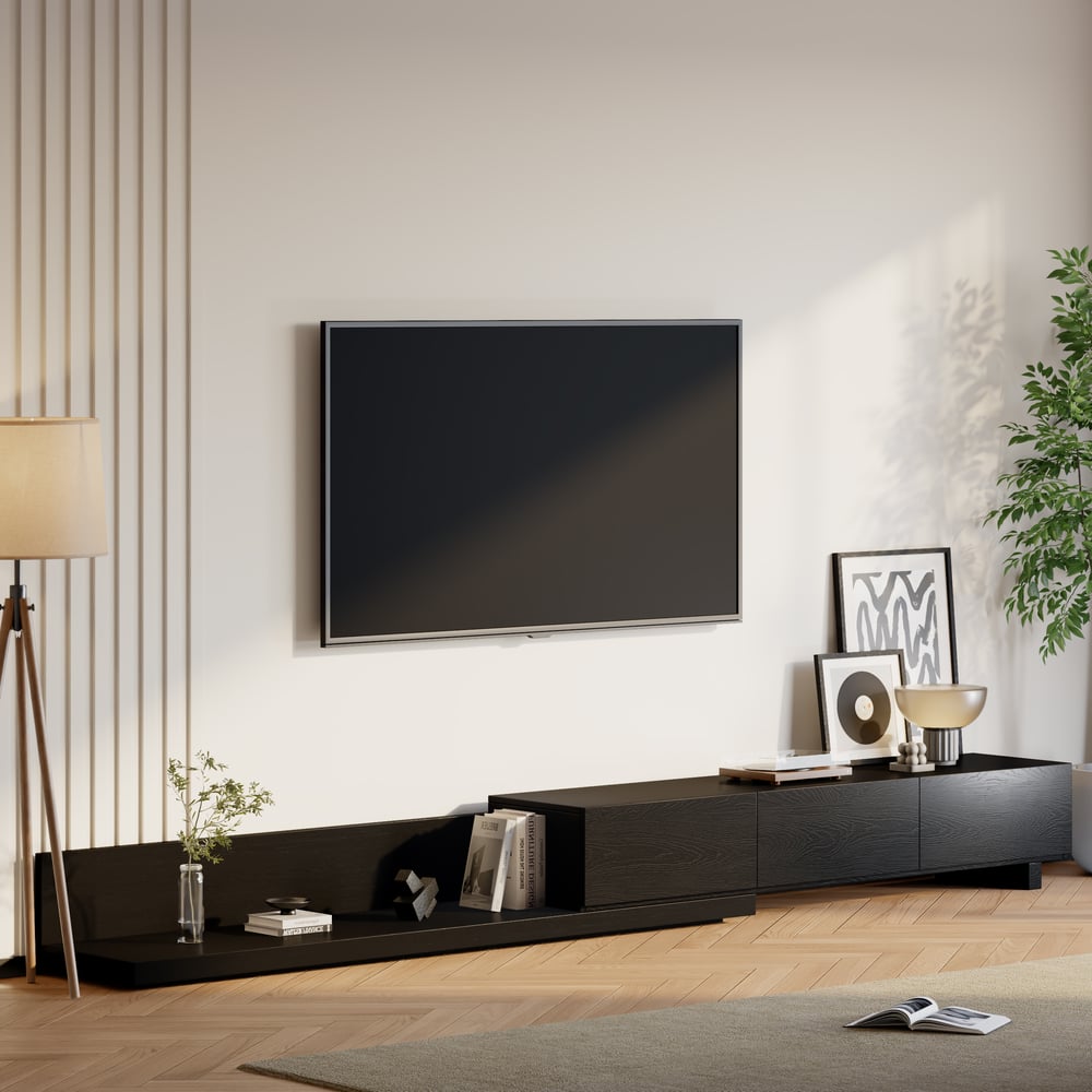 Questions and Answers for Extendable Floor Black TV Stand with 3 Drawers