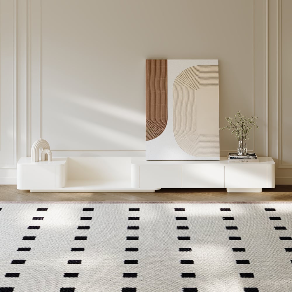 Meuble TV extensible avec 4 tiroirs de 200 cm à 274 cm en blanc cassé image de fenêtre