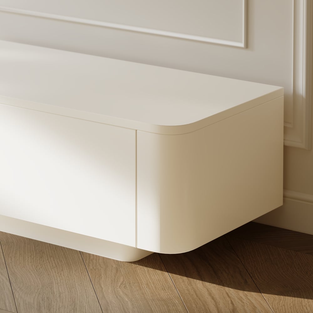 Meuble TV extensible avec 4 tiroirs de 200 cm à 274 cm en blanc cassé image de fenêtre