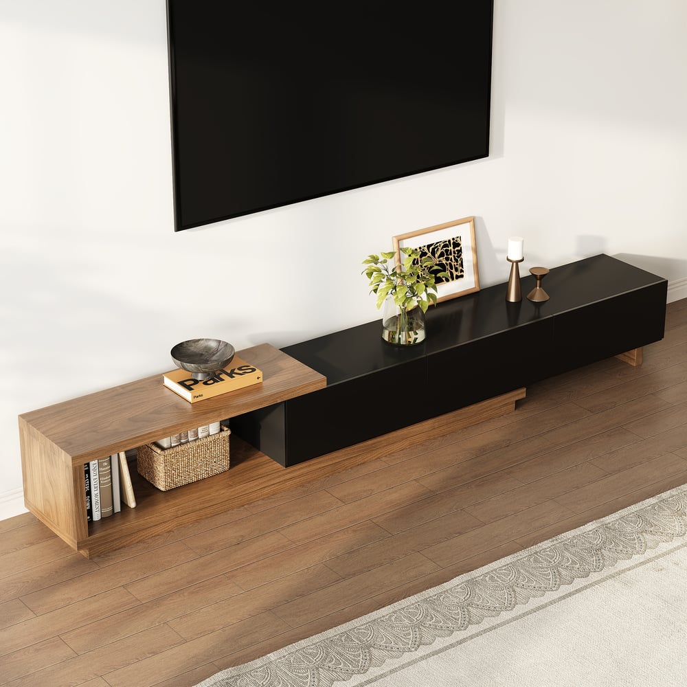 Meuble TV Noir et Noyer Moderne Console Rétractable et Extensible à 3 Tiroirs image de fenêtre