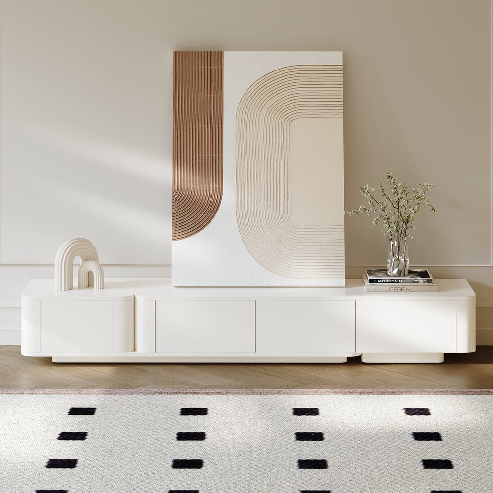 Meuble TV extensible avec 4 tiroirs de 200 cm à 274 cm en blanc cassé image de fenêtre