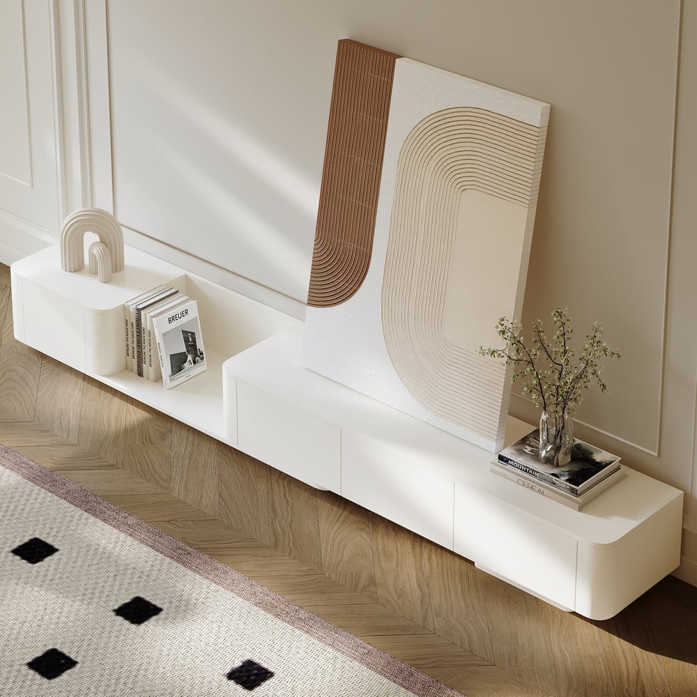 Meuble TV extensible avec 4 tiroirs de 200 cm à 274 cm en blanc cassé image de fenêtre