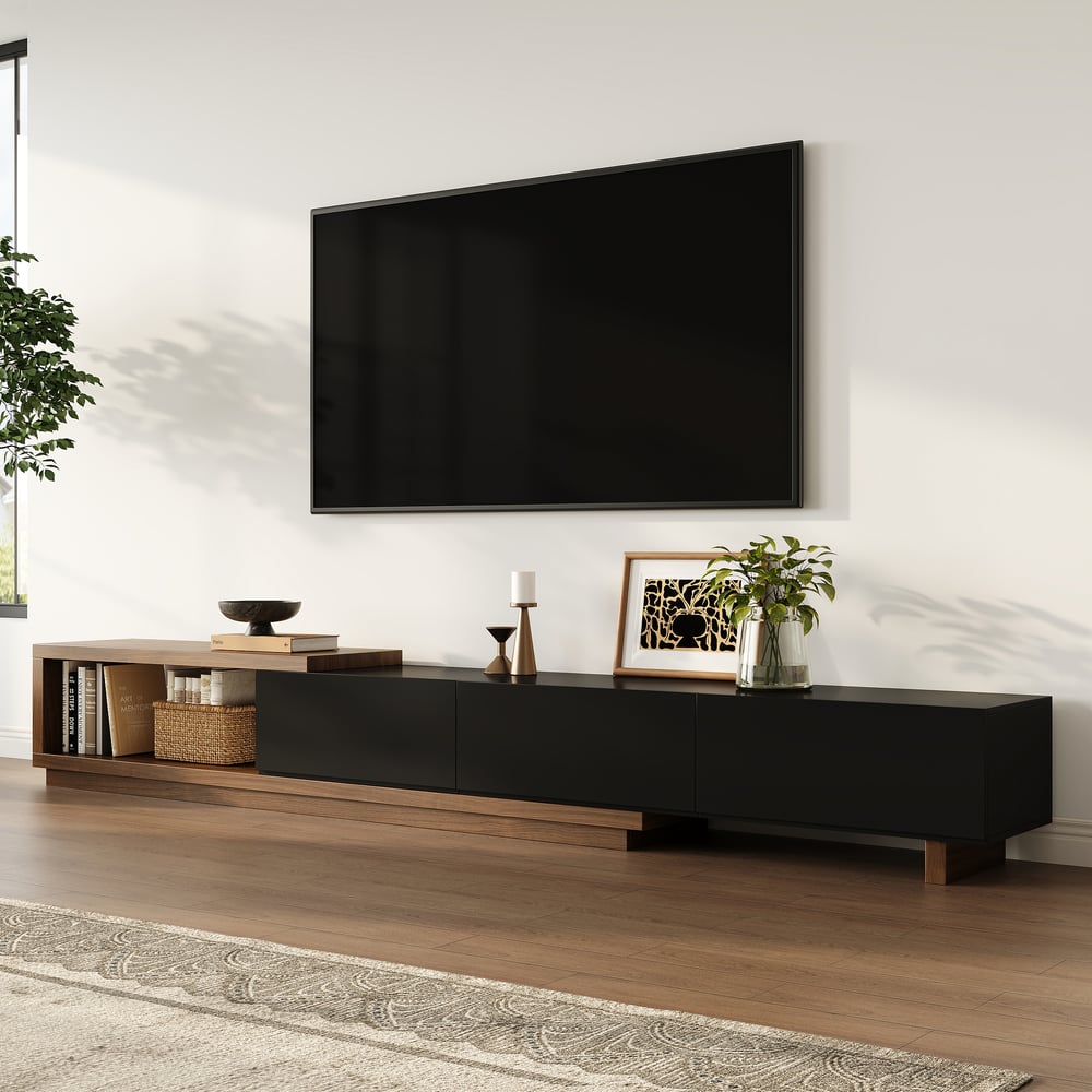 Meuble TV Noir et Noyer Moderne Console Rétractable et Extensible à 3 Tiroirs image de fenêtre