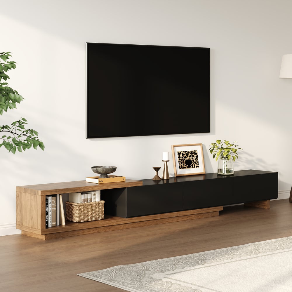Questions et Réponses pour Meuble TV Noir et Noyer Moderne Console Rétractable et Extensible à 3 Tiroirs