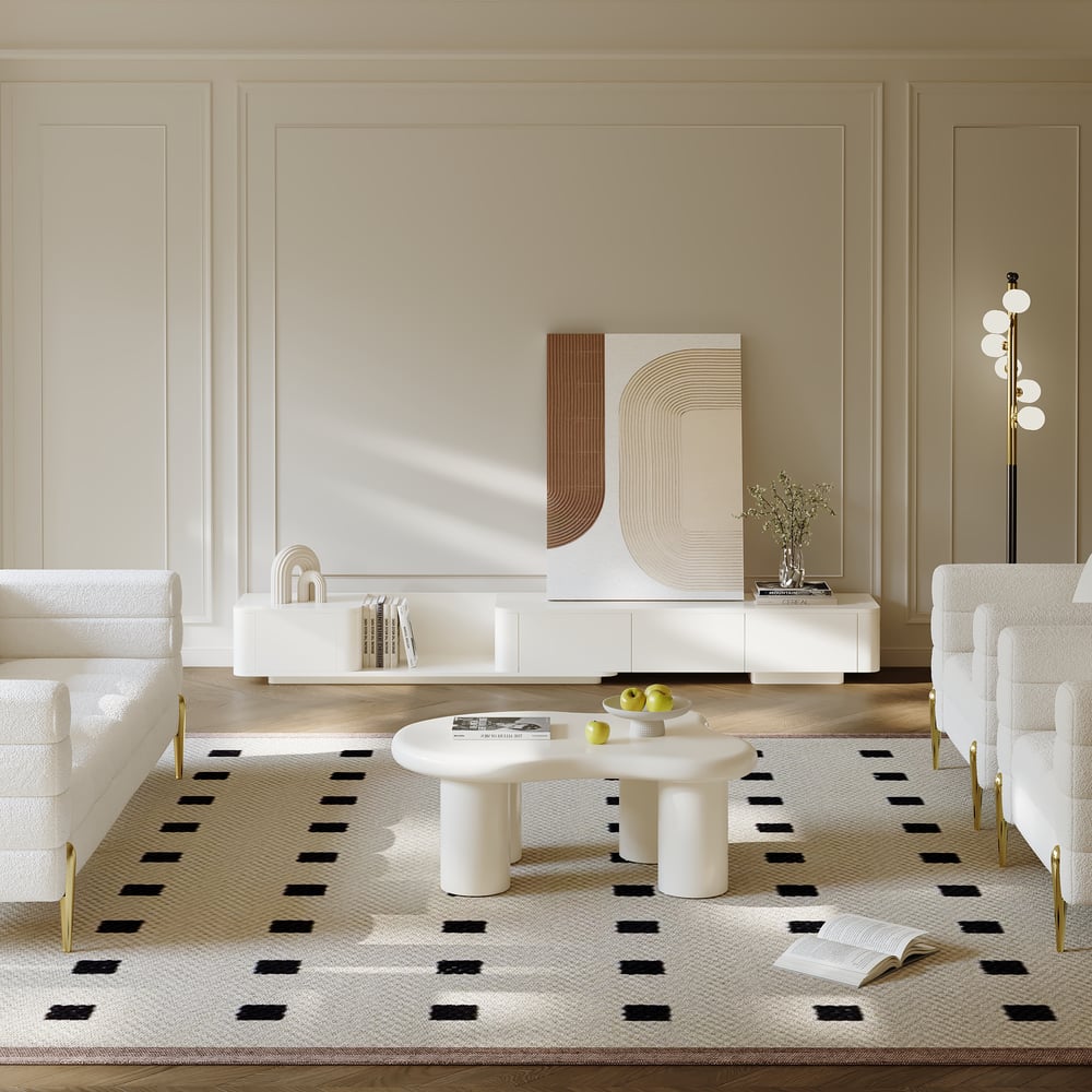 Meuble TV extensible avec 4 tiroirs de 200 cm à 274 cm en blanc cassé image de fenêtre