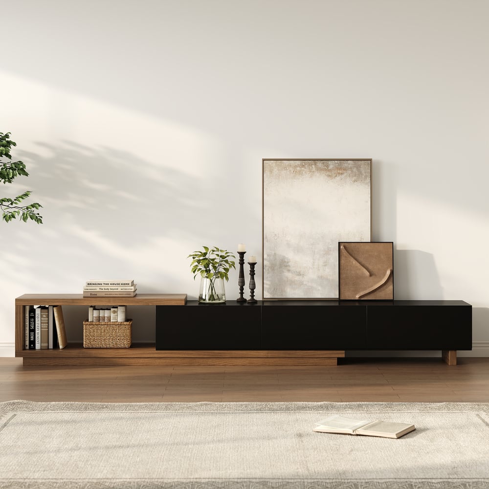 Meuble TV Noir et Noyer Moderne Console Rétractable et Extensible à 3 Tiroirs image de fenêtre