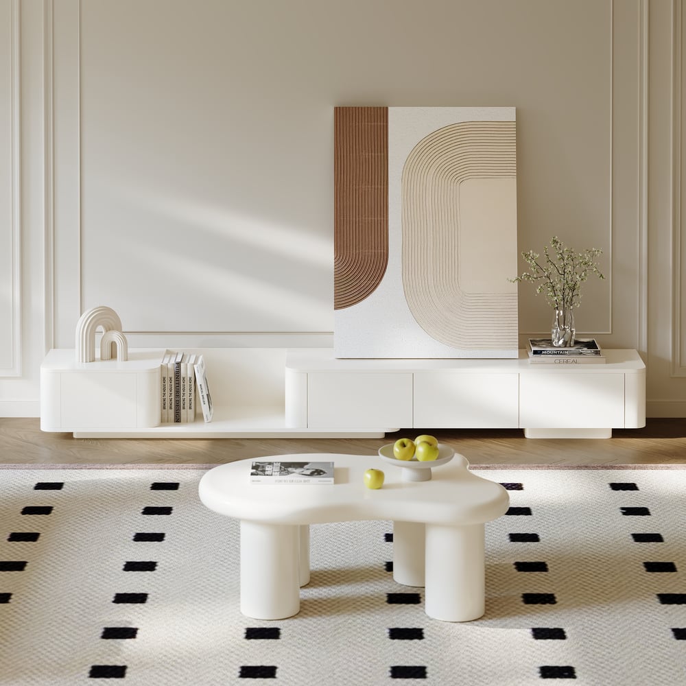 Meuble TV extensible avec 4 tiroirs de 200 cm à 274 cm en blanc cassé image de fenêtre