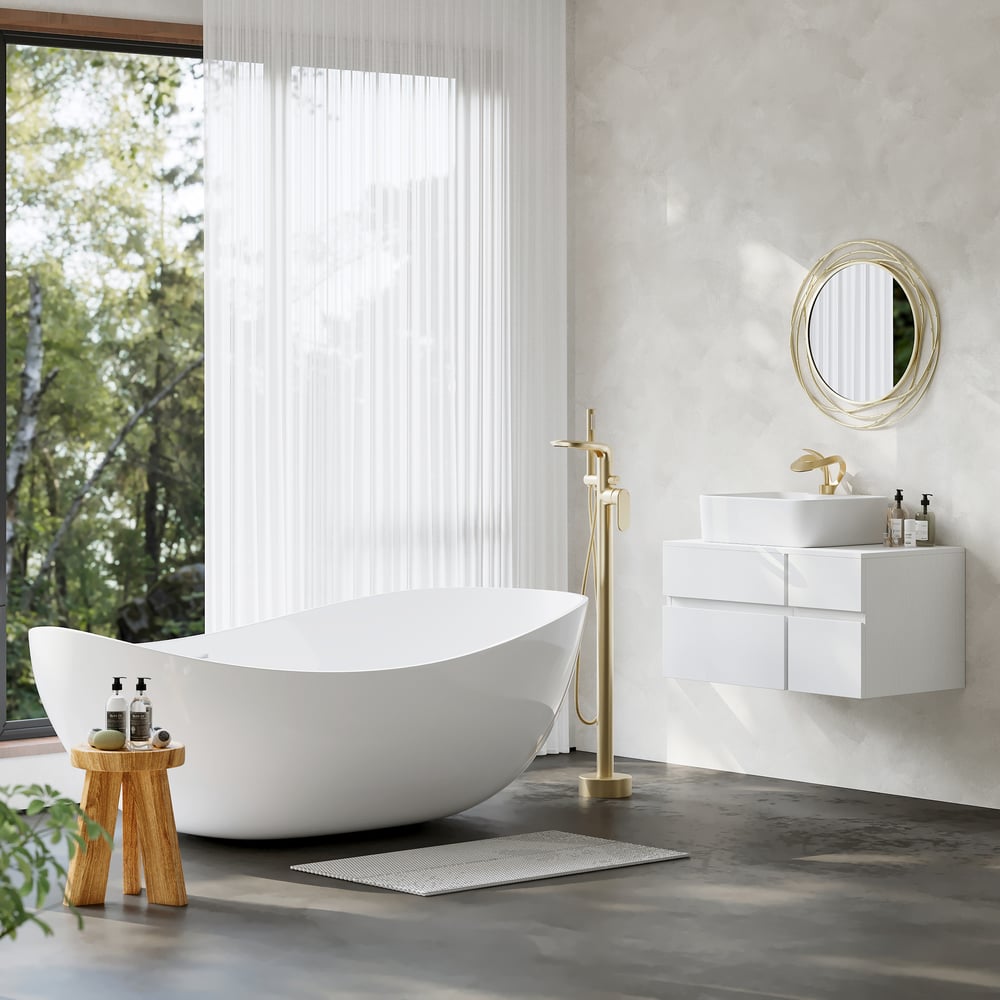70" Modern Oval Freestanding Stone Resin Soaking Bathtub White 113.59-Gallon Capacity