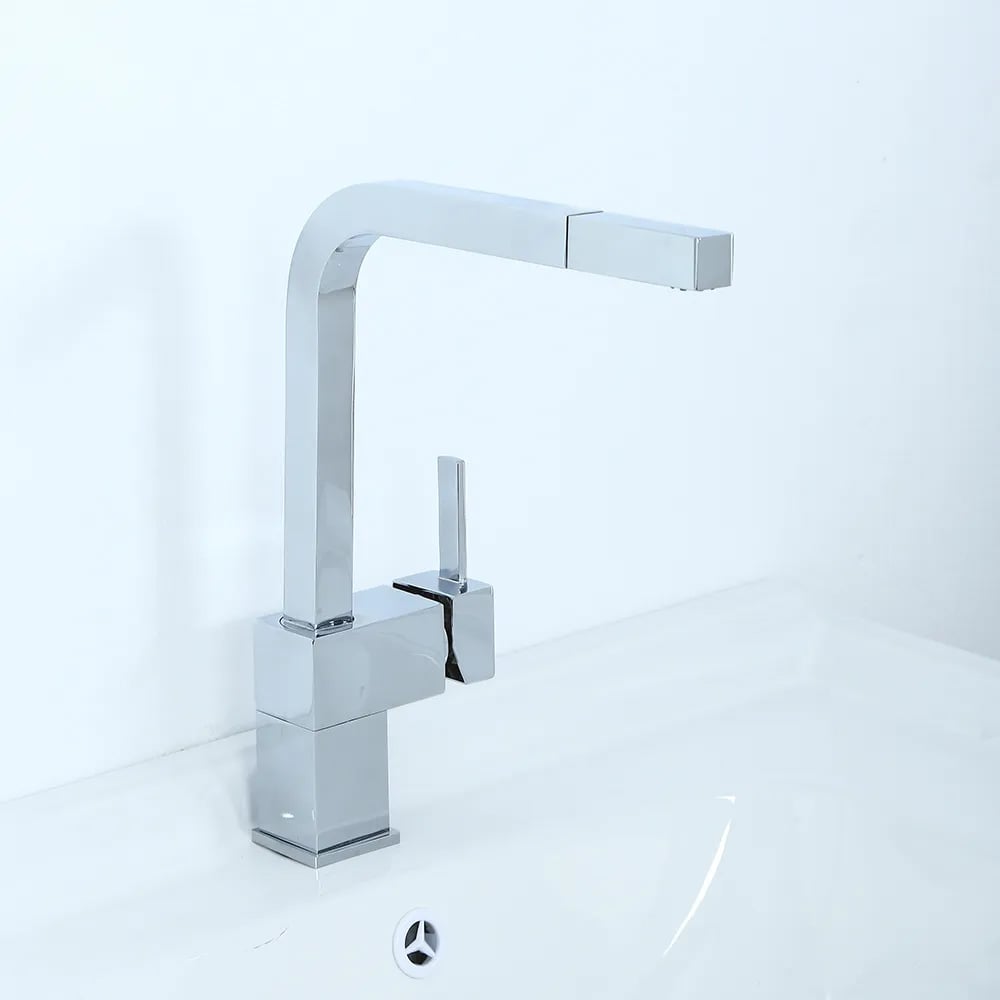 Robinet de cuisine contemporain à poignée unique en laiton à retrait carré en chrome poli image de fenêtre